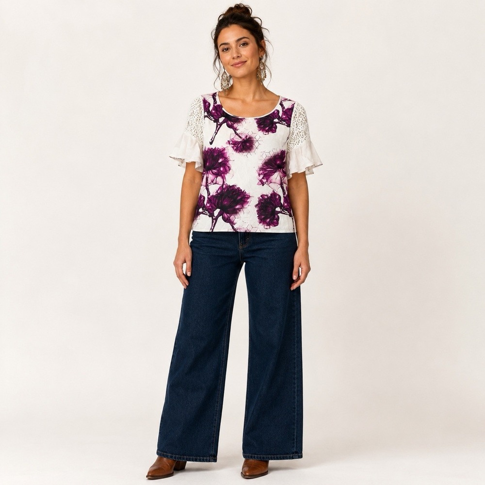 ST Studio Floral Blouse Women's 42 US L Purple White Lace Flutter Sleeve NWT